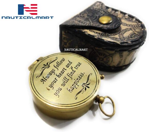 NauticalMart Brass Compass (Always Follow Your Heart//Personalize Gift/Directional Magnetic Compass for Navigation/Pocket Compass for Camping, Hiking,