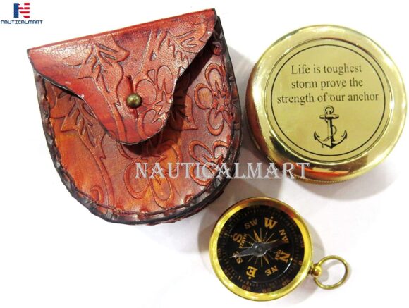 NauticalMart Brass Compass Life is a Toughest Storms Prove The Strength of Your Anchor Engraved with Mini Compass Combo Gift