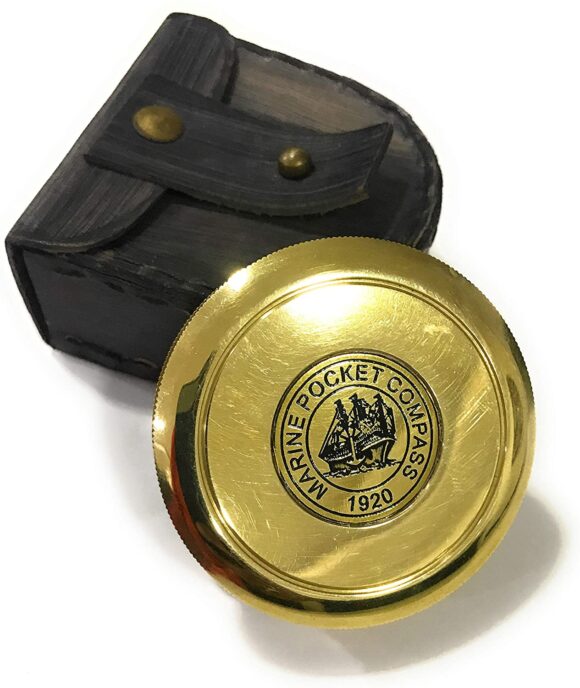 Marine Brass Pocket Compass with Leather Case Nautical Gift