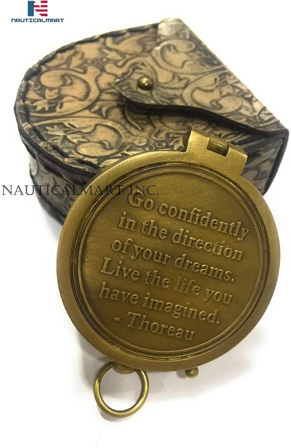 Brass Compass Thoreau's Go Confidently Poem Engraved with Leather case Brown Antique