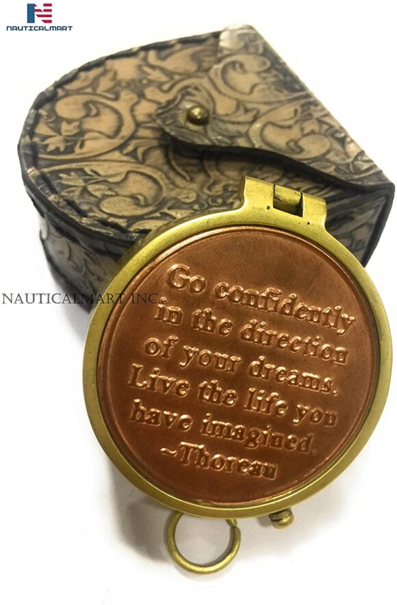 NauticalMart Brass Compass Thoreau's Go Confidently Poem Engraved Pocket Compass with Leather case Bronze