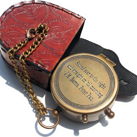 NauticalMart Second Star to The Right J. M. Barrie, Peter Pan Engraved Brass Compass Directional Compass Magnetic Pocket Personalized Gift for Camping,