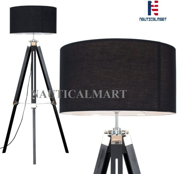 Wooden Adjustable Tripod Floor Lamp Base Black Wood and Silver Chrome