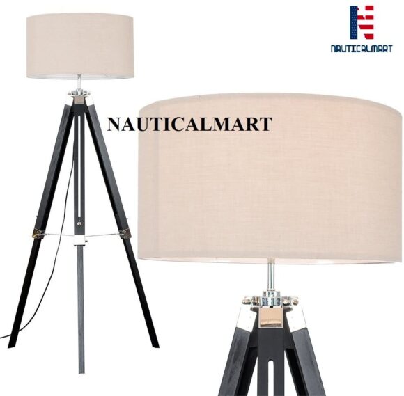 Modern Black Wood and Silver Chrome Tripod Floor Lamp - Set of 2 by NauticalMart