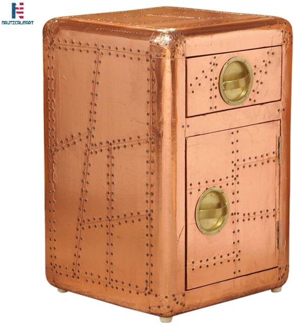 NauticalMart Aviator Side Table with Door and Drawer Handmade Aviation Accent Chest Bronze