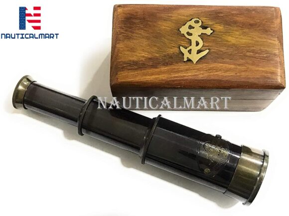 6" Handheld Brass Telescope - Pirate Navigation Wooden Box (Antique Black) by NauticalMart