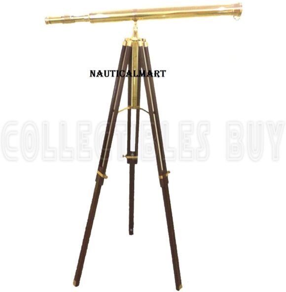 Nauticalmart Vintage Solid Brass Nautical Port Marine Navy Floor Standing Telescope Single Barrel Brass Finish & Brown Stand