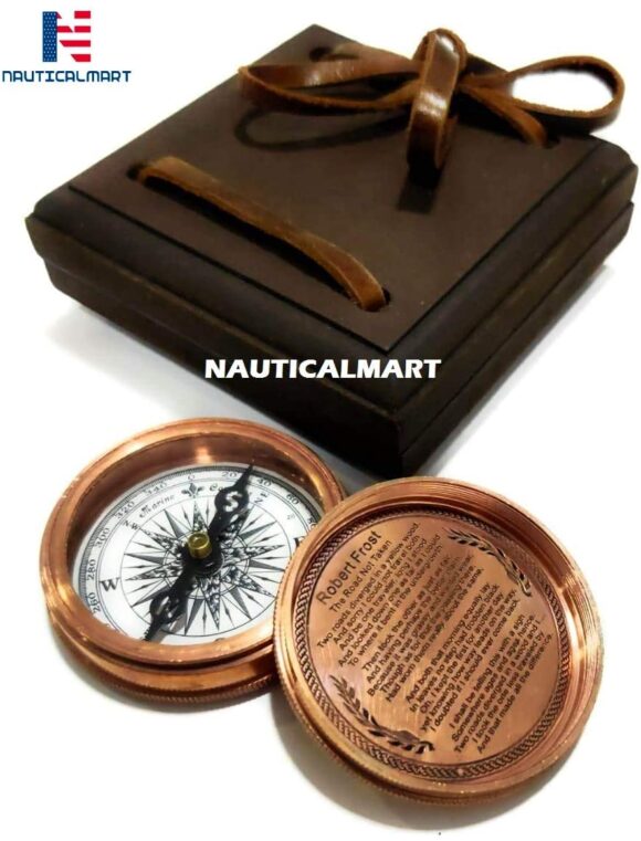 Nautical-Mart Authentic Vintage Style Brass Pocket Compass ''Robert Frost Poem with Wooden Case Direction Marine Compass - Graduation, Confirmation, Occasional, Wedding, Camping, Hiking, Touring Gift