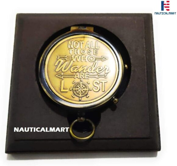 Nautical-Mart Personalised Brass Compass with Wooden Base Embossed Not All Those Who Wander are Lost Gift, Birthday, Wedding, Groom, Christmas, Husband, Baptism, Anniversary Present