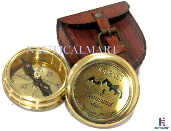 NauticalMart Solid Brass Compass W/Case A Journey of A Thousand Miles Must Begin with A Single Stop