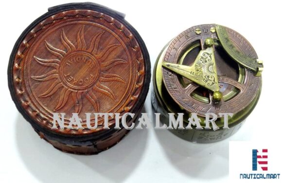 NAUTICALMART Sundial Compass Maritime Antiques Nautical Brass with Drum Leather Box