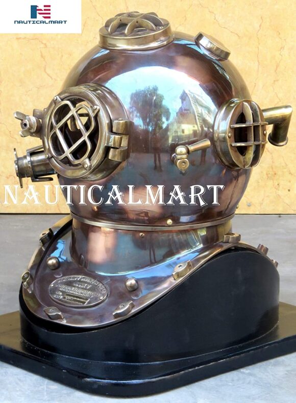 NauticalMart Antique Diving Divers Helmet Us Navy Mark V Boston Mass Helmet Copper & Brass with Base