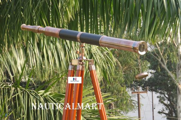 NAUTICALMART Nautical Admirals Antique Copper with Leather Floor Standing Telescope 60" - Telescope with Free Gold Wire Basket