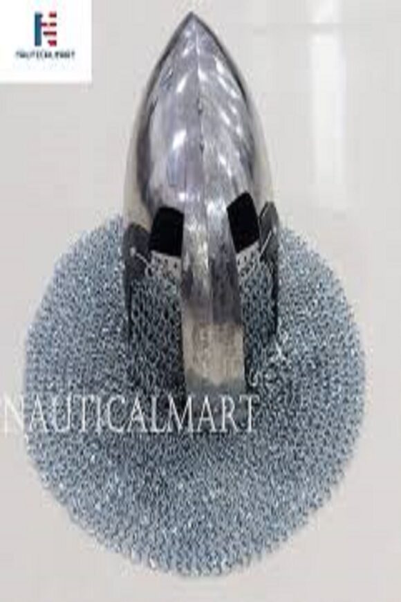 NauticalMart Medieval Bascinet Helmet with Nasal Plate “Knight of Fortune” Halloween Silver