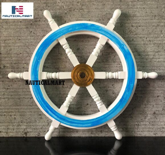 NM072536 White Washed Ship Wheel Wood Ship's Wheels/Wood Ship Steering Wheel/Nautical Home Decor Pirate's Wall Hanging Sculpture & Accessories (18 Inches) - Image 3