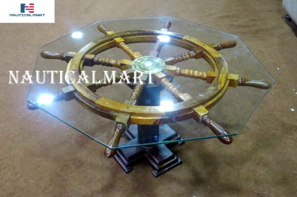 NM0921365 Unique Ship Wheel Table Vintage Wood Ship Wheel Nautical Theme Decorative Coffee Table 36''