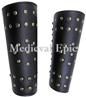 Brass Studded Leather Arm Guards 10.5″ – Black – One Size