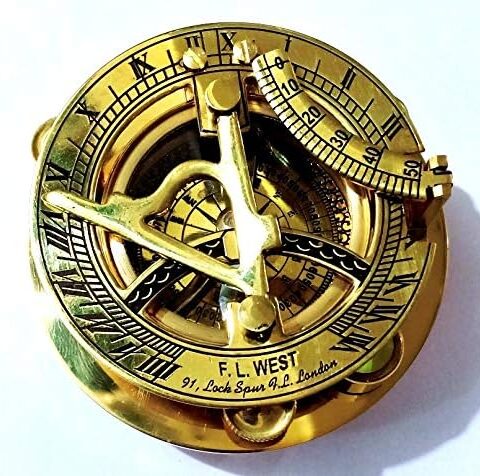 autical Replica Hub Fascinating Solid Brass Sundial Clock with Inset Compass & Engraved Vane. 3 Inches
