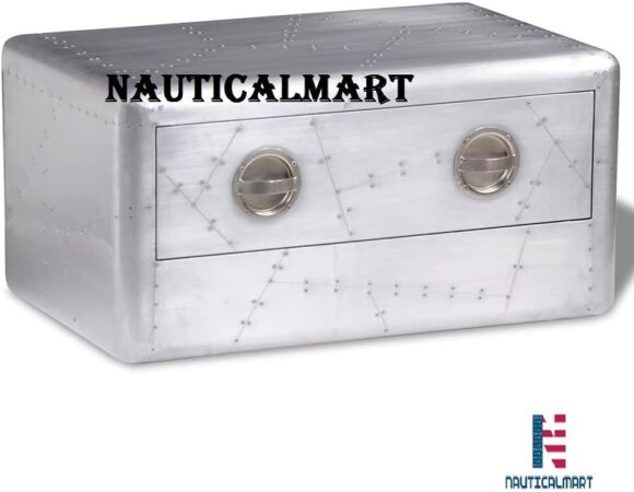 NauticalMart Aluminum Coffee Table Vintage Side Table with Drawers, Silver - Image 6