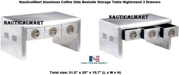 NauticalMart Aluminum Coffee Table Bedside Night Stand with 3 Storage Drawers Aviator End Side Table Aircraft Airman Style Living Room Home Office Furniture Silver - Image 5