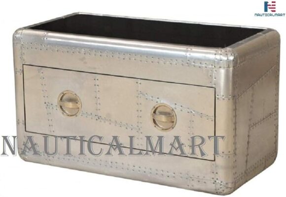 NauticalMart Art Deco Designer Aircraft Aluminum Coffee Table with Drawer and Glass Surface - Vintage Look Flyers Chest - Image 3