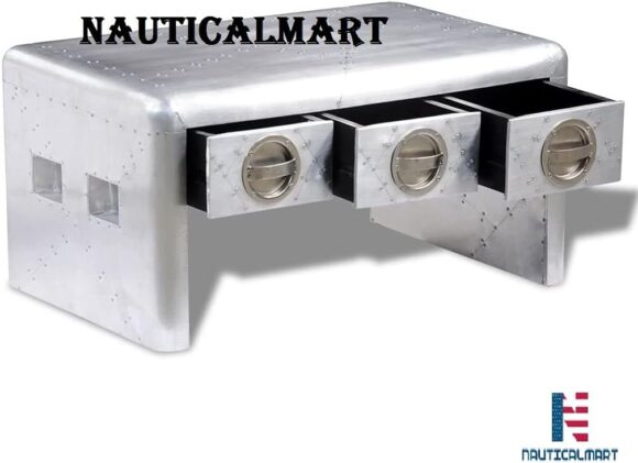 NauticalMart Aluminum Coffee Table Bedside Night Stand with 3 Storage Drawers Aviator End Side Table Aircraft Airman Style Living Room Home Office Furniture Silver