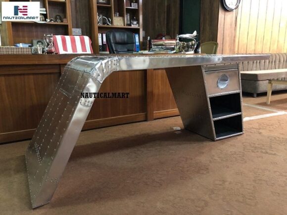 Nautical-Mart Aviator Wing Desk Aluminium Table Aviator Home Office Furniture (68 Inches, Single Drawer) - Image 3