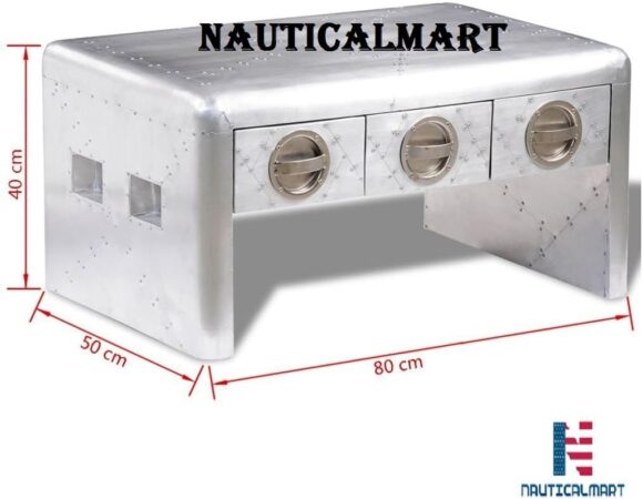 NauticalMart Aluminum Coffee Table Bedside Night Stand with 3 Storage Drawers Aviator End Side Table Aircraft Airman Style Living Room Home Office Furniture Silver - Image 7