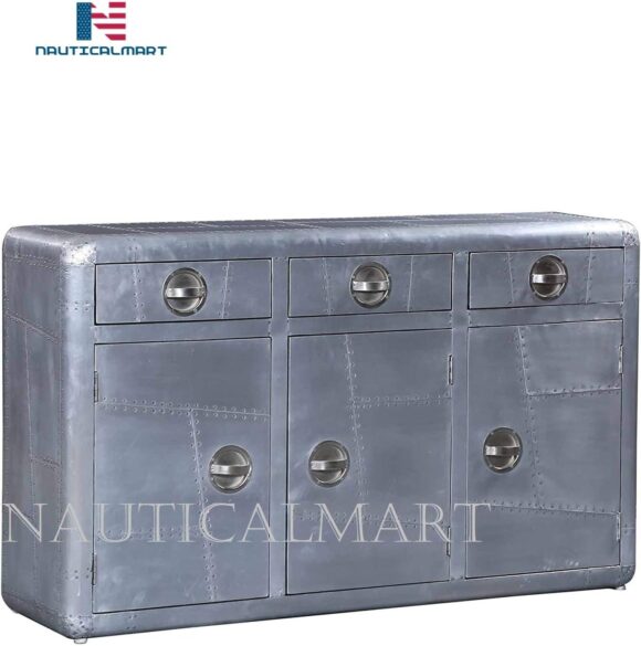 NauticalMart Aviator 3 Door Sideboard End Table Design Metal Side Table - Image 3