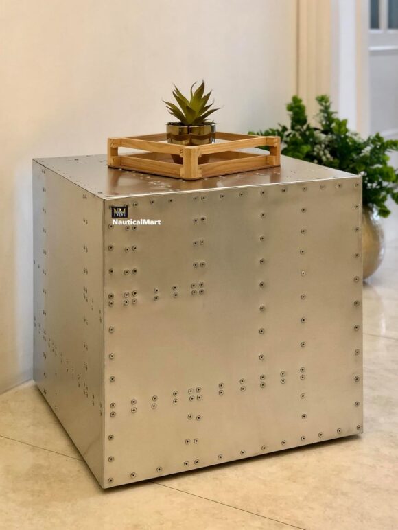 NauticalMart 18 Inch Cube Aluminum Industrial End Table Metal Crate Aluminum Urban Modern Style Designer Aviator Inspired Furniture