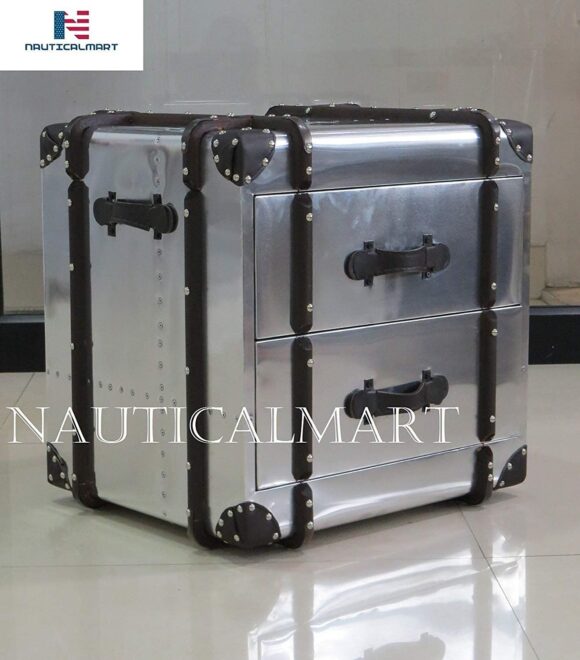 NauticalMart AERO Side Table Designer Aviator Aluminum Bedside 2 Drawer End Furniture - Image 3