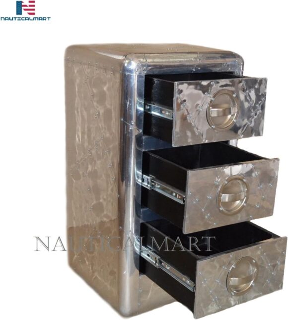 NauticalMart Aviator Aluminum Side Table with 3 Drawer - Image 4