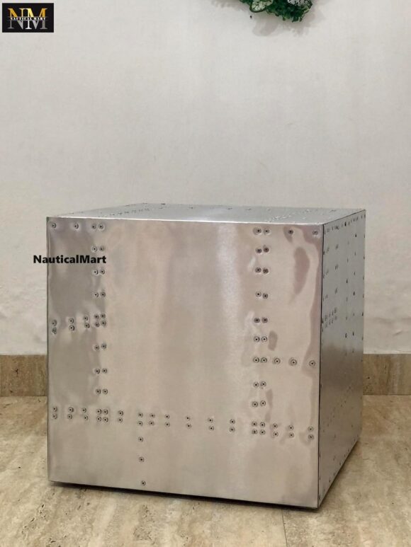 NauticalMart 18 Inch Cube Aluminum Industrial End Table Metal Crate Aluminum Urban Modern Style Designer Aviator Inspired Furniture - Image 6