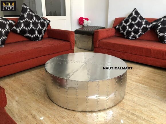 NauticalMart Aluminum Drum Shaped Coffee Table Hammered Coffee Table Aviator Living Room Furniture - Office Decor & Office Furniture (40 inches) - Image 2