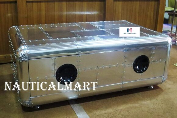 NauticalMart Vintage Coffee Table with Storage Aluminum Trunk Home & Office Furniture