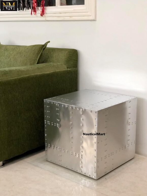 NauticalMart 18 Inch Cube Aluminum Industrial End Table Metal Crate Aluminum Urban Modern Style Designer Aviator Inspired Furniture - Image 7