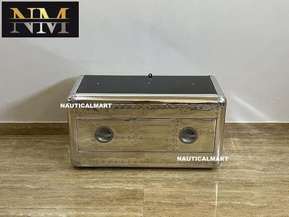 NauticalMart Art Deco Designer Aircraft Aluminum Coffee Table with Drawer and Glass Surface - Vintage Look Flyers Chest - Image 6