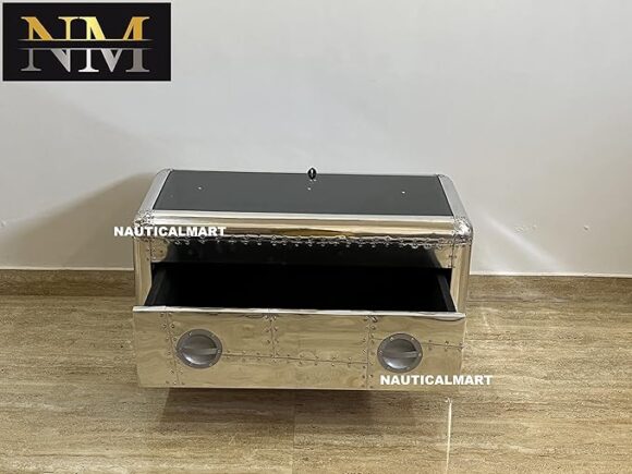 NauticalMart Art Deco Designer Aircraft Aluminum Coffee Table with Drawer and Glass Surface - Vintage Look Flyers Chest - Image 5