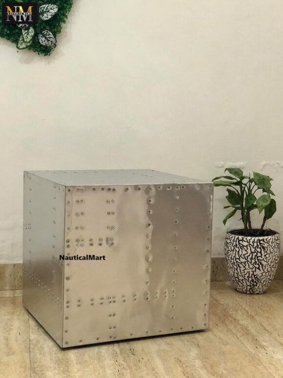 NauticalMart 18 Inch Cube Aluminum Industrial End Table Metal Crate Aluminum Urban Modern Style Designer Aviator Inspired Furniture - Image 4