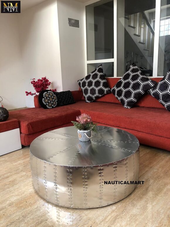 NauticalMart Aluminum Drum Shaped Coffee Table Hammered Coffee Table Aviator Living Room Furniture - Office Decor & Office Furniture (40 inches) - Image 4