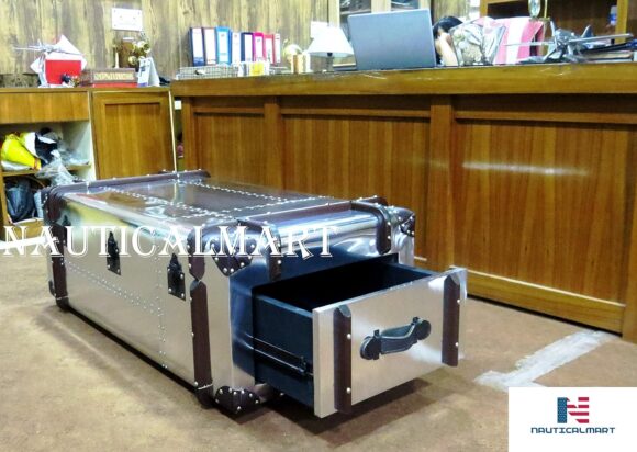 NauticalMart Aviator Commander Aluminum Storage Trunk Coffee Table - Image 3