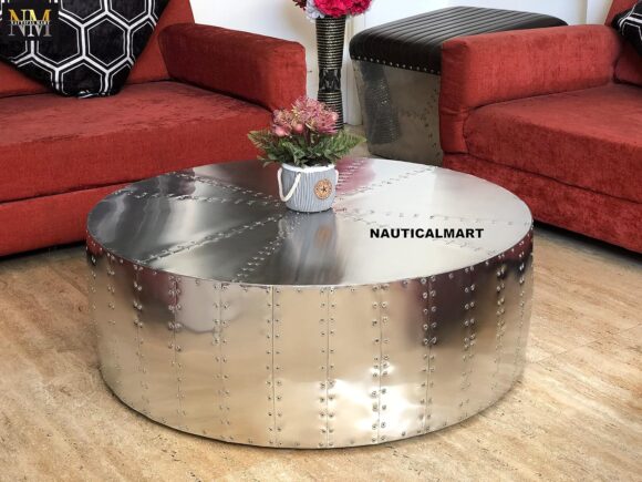 NauticalMart Aluminum Drum Shaped Coffee Table Hammered Coffee Table Aviator Living Room Furniture - Office Decor & Office Furniture (40 inches) - Image 5