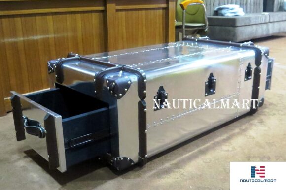 NauticalMart Aviator Commander Aluminum Storage Trunk Coffee Table