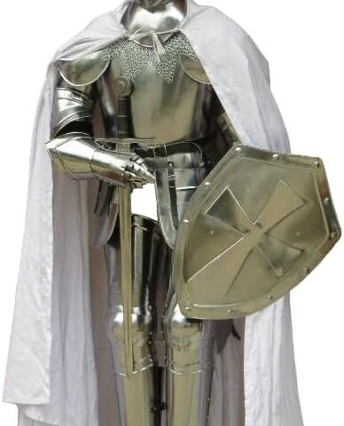 NauticalMart Knight Suit of Armor Medieval Reenactment Wearable Metallic One Size Halloween, shield, cape, chainmail