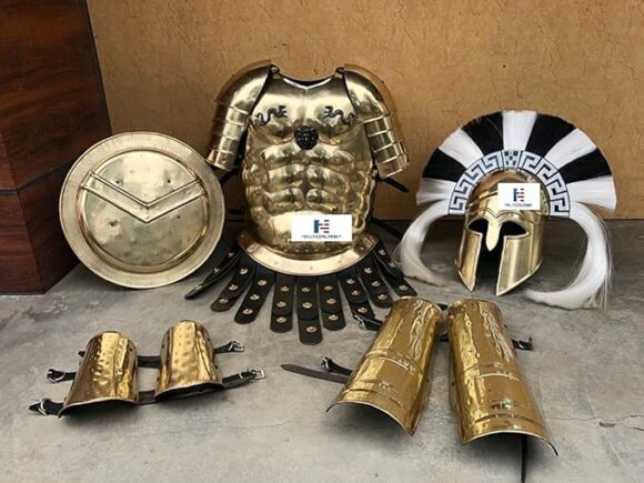 Nautical-Mart Medieval Armor Muscle Jacket Brass Greek Helmet + Arm Leg Guard, Pauldrons & Shield Ancient Role Play Armor, Halloween Costume, Large - Image 3