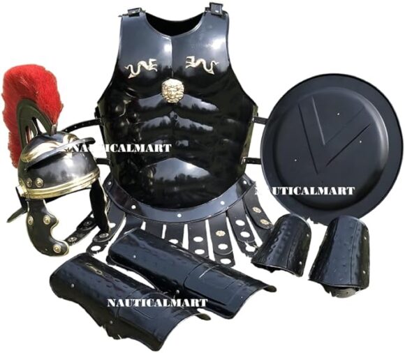 Nautical-Mart Medieval Muscle Body Armor Set Roman Centurion Helmet, Leg & Arm Guard, Shield Halloween Costume Black