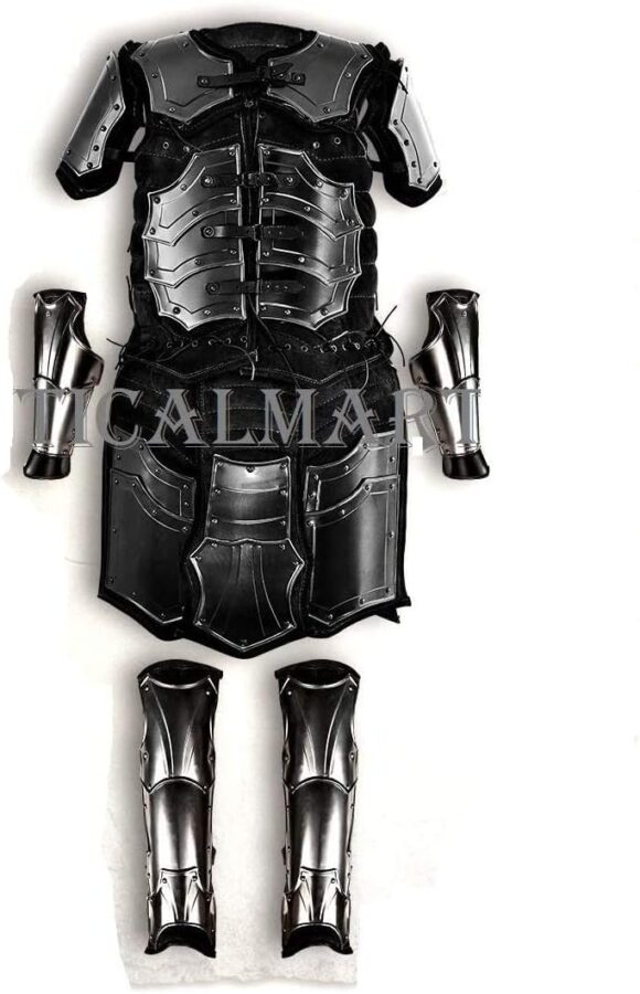 Fafnir Brigandine Set Black Leather Jacket W/Pauldron Leg, Arm Guard Plate Armour LARP Body Armor - Image 2