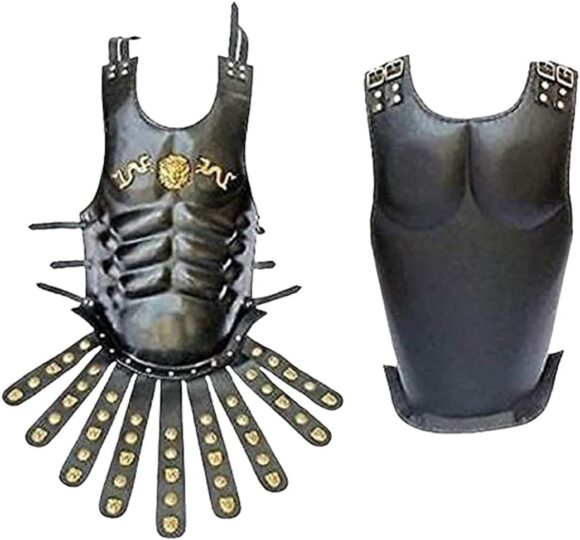 Leather Muscle Body Armour Cuirass with Brass Accents | Adult Size Greek Corinthian Functional Armor Leather | Black Medieval Costume with Apron Belt for Adult