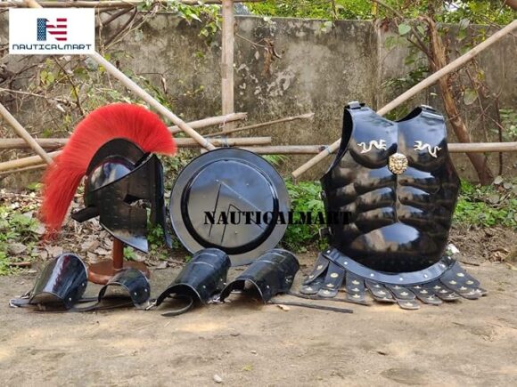 Medieval Roman King 300 Spartan Helmet W/Red Plume Shield Halloween Muscle Armor Leg Or Arm Guard - Image 3