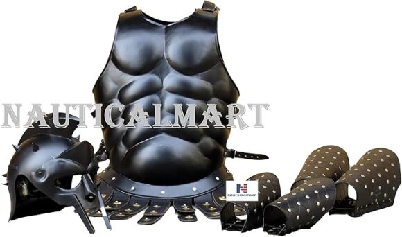 Nautical-Mart Spartan Armour Set Roman Greek Muscle Armor Cuirass with Maximus Gladiator Helmet & Leather Leg Arm Guard